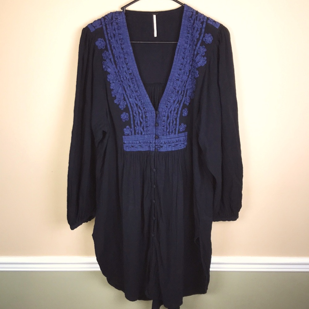 Free People Black Dress with Blue Embroidery Size M